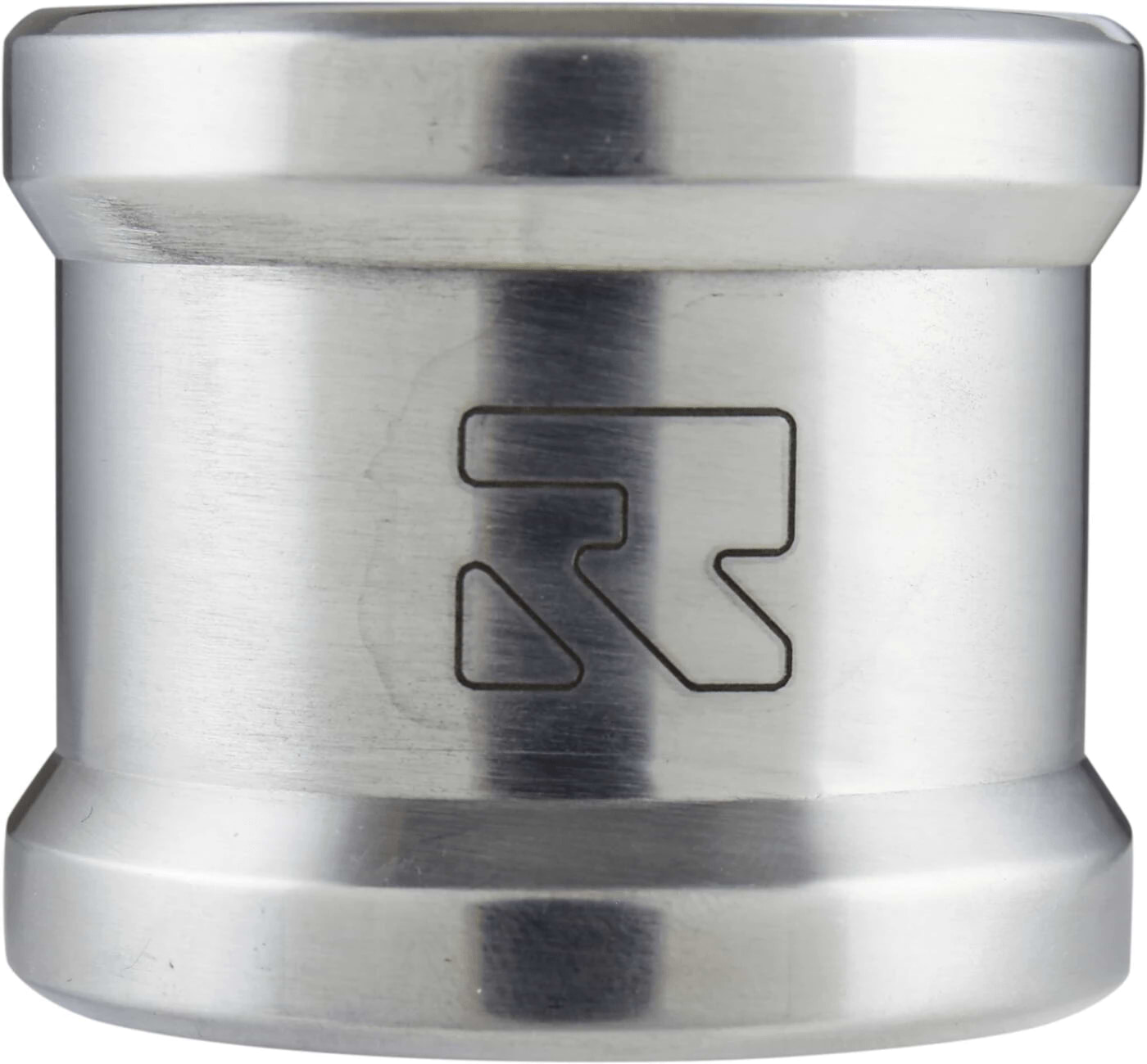 A chrome silver cylindrical object with a slightly tapered middle section, crafted from aircraft-grade aluminum. It features an engraved logo of Root Industries with a stylized "R" near the center. The surface is smooth and reflective, resembling the sleek design of a Root Industries Lithium 2 Bolt Oversized Stunt Scooter Clamp.