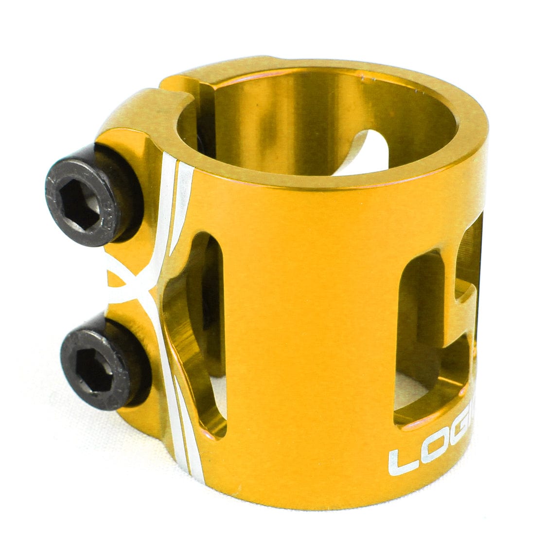 The Logic 3 Bolt Oversized Stunt Scooter Clamp in gold provides excellent clamping power with its contrasting black bolts, and the white diagonal line designs enhance its sleek appearance. Ideal for lightweight HIC setups, it combines functionality with style.