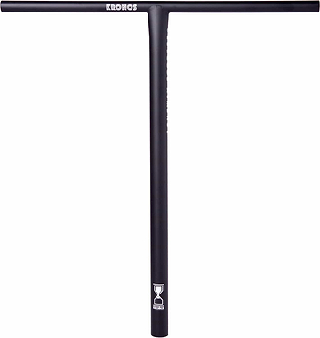 The Longway Kronos Titanium Oversized HIC Stunt Scooter T-Bars in black, measuring 700mm x 610mm, are lightweight with a sleek T-shape. They prominently feature Longway branding at the top and an hourglass logo near the base, offering both durability and style for your custom scooter handlebar needs.