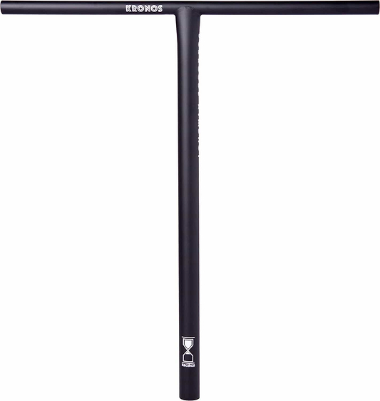 A Longway Kronos Titanium Oversized HIC Stunt Scooter T-Bar in black, featuring a branded logo near the base. This 600mm x 610mm scooter handlebar showcases a simple and sleek design that emphasizes both functionality and style. Crafted with Kronos Titanium, this custom part offers unmatched durability and elegance.