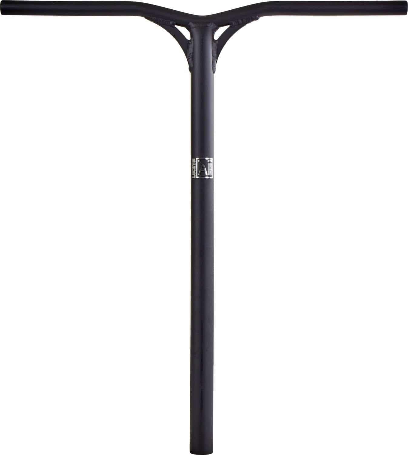 This Lucky AirBar™ is a black aluminum scooter handlebar in a T-shape, equipped with a textured grip. It features a small white label with text at the center. Designed as aerodynamic and lightweight, the oversized SCS stunt scooter bar includes a central stem and two horizontal bars for steering, all finished in sleek matte black. Dimensions are 660mm x 610mm.