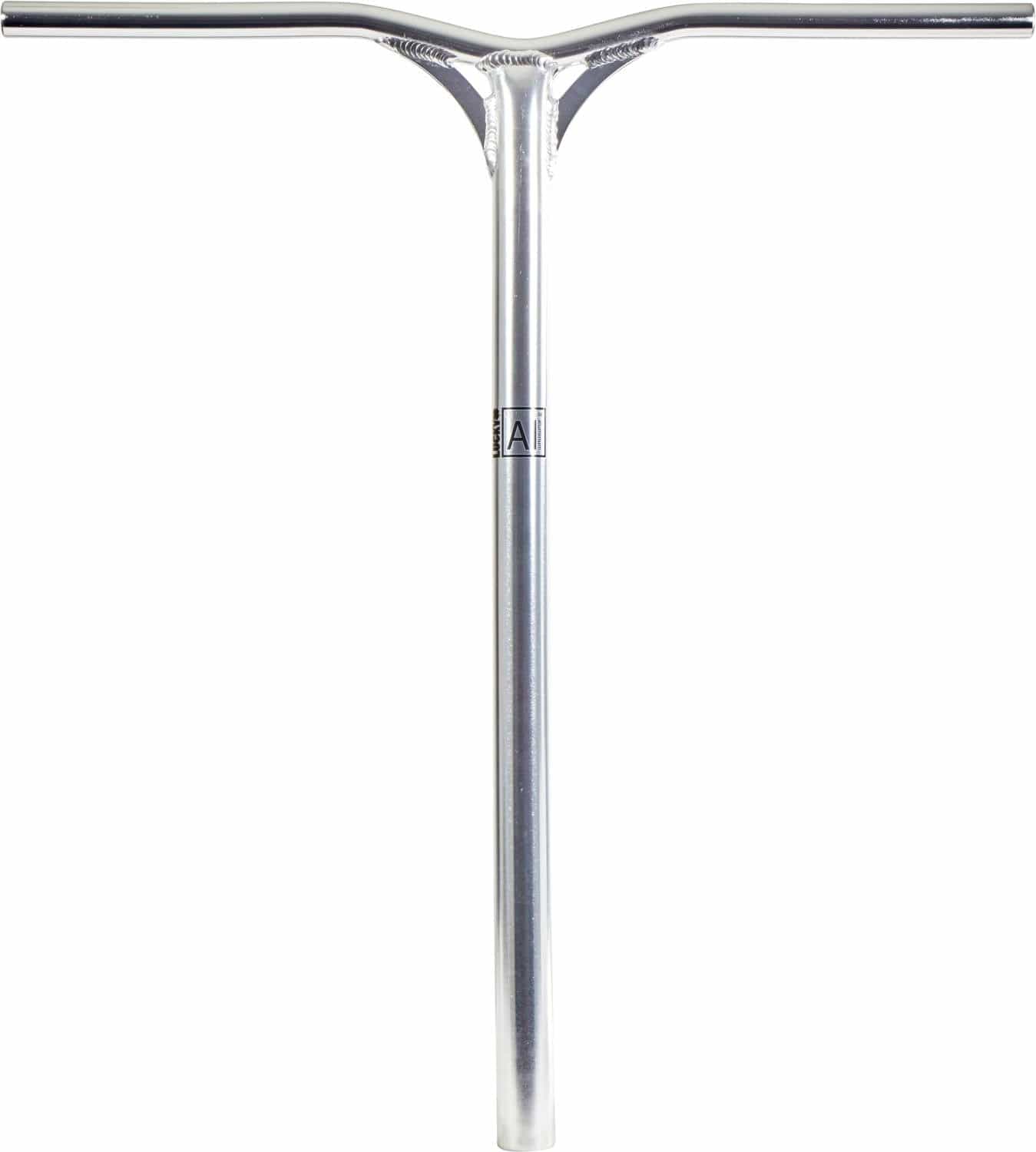 The Lucky AirBar Aluminium Oversized SCS Stunt Scooter Bars in chrome present an elegant contrast against the white background.
