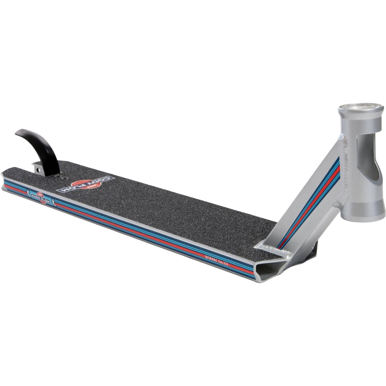 This Lucky Cody Flom Signature V3 Stunt Scooter Deck, measuring 4.8" x 20.5", is perfect for scootering enthusiasts. It features a sleek silver design with black grip tape and striking red and blue side stripes. The neck is angled upward and includes a visible rear brake, making it ideal for riding and performing tricks.
