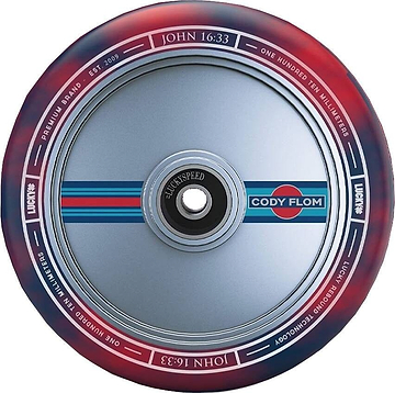 A detailed view of the Lucky Lunar 110mm Stunt Scooter Wheel - Cody Flom Signature V3 highlights its vibrant red and blue design. The center features the "Cody Flom" logo surrounded by "JOHN 16:33," "LUCKY," and "PREMIUM BRAND," all enhanced by Lucky Rebound Technology for improved riding performance.