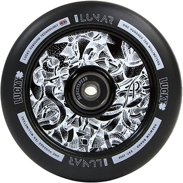 The Lucky Lunar 110mm Stunt Scooter Wheel in Axis Black features complex white abstract designs. The words "Lunar," "Lucky Rebound Technology," and "One Hundred Ten Millimeters" are gracefully printed around the rim, making it an eye-catching component for high-end scooter constructions.