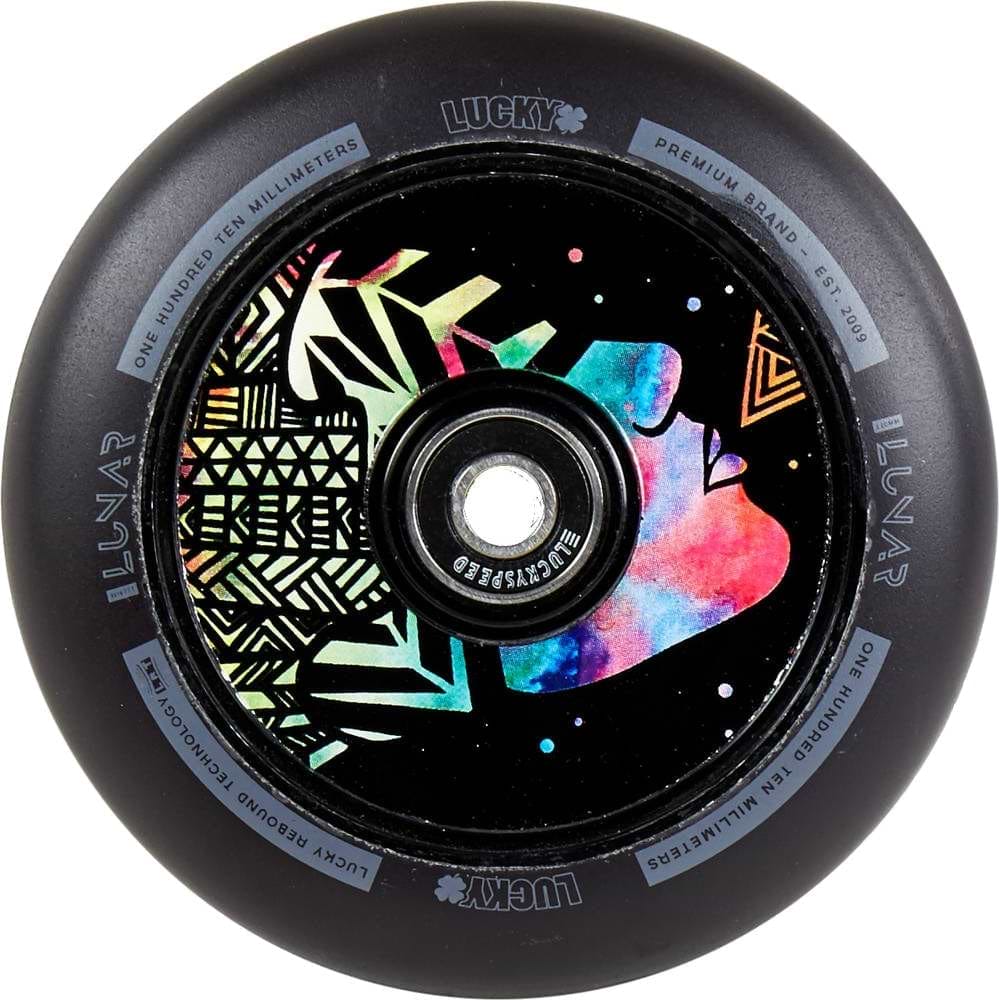 Introducing the Lucky Lunar 110mm Stunt Scooter Wheel - Evo, a vibrant scooter wheel adorned with an abstract geometric design and a face illustration at its core. The black outer ring features white and blue text and branding, making it the ideal choice for adding style to your scooter builds.