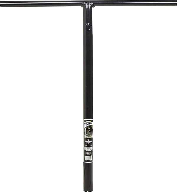 The Lucky ProBar Steel Oversized SCS Stunt Scooter T-Bars in black feature a cylindrical center with a horizontal top piece. A label near the joint provides product information, making it ideal for SCS setups. These bars measure 660mm x 660mm.