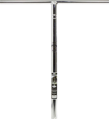 A metal T-shaped scooter handlebar with a shiny chrome finish, crafted in the esteemed Lucky ProBar design. The 660mm x 660mm Steel Oversized SCS Stunt Scooter T-Bars from Lucky come with a product label showcasing text and logos near the center, offering both style and functionality.