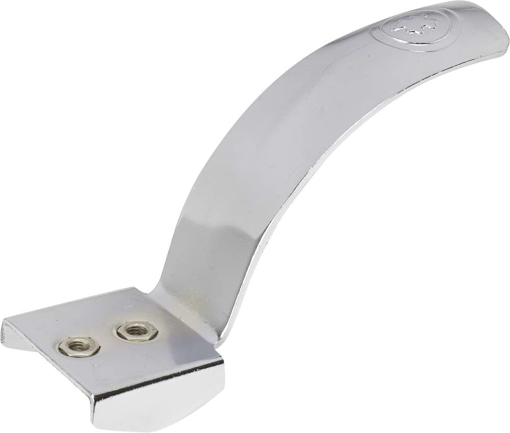 The Lucky Steely 120mm Stunt Scooter Brake in Chrome is a sleek, shiny metal accessory with a curved design and two screw holes on its flat base. It features a polished finish with the emblem stamped near the end, making it ideal for attachment to surfaces as a handle or bracket.