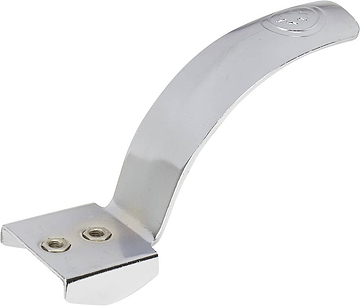 The Lucky Steely 120mm Stunt Scooter Brake in Chrome is a sleek, shiny metal accessory with a curved design and two screw holes on its flat base. It features a polished finish with the emblem stamped near the end, making it ideal for attachment to surfaces as a handle or bracket.