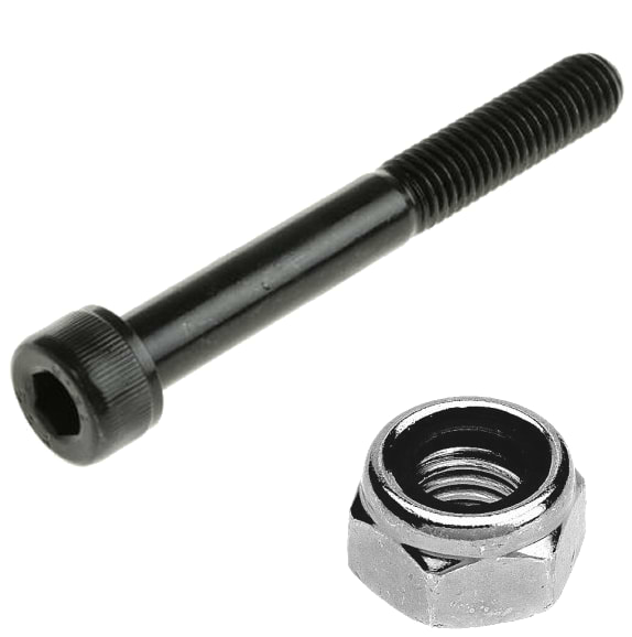 The Universal High Tensile M8 Scooter Axle Bolt & Nut set includes a black hex socket head bolt, ideal for use as a scooter axle, and a silver nut, both resting on a white background. The bolt is long and features threading on one end, while the universal nut exhibits precise internal threading in its circular opening.