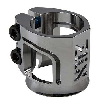 Presenting the Madd Gear (MGP) MFX X2 Cobra 2 Bolt Oversized Stunt Scooter Clamp in Chrome, this modern and shiny piece is expertly crafted from T6 aluminium alloy. Its standout features include a geometric cutout design and two sleek titanium axle bolts, all culminating in an angular and reflective finish.