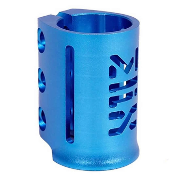 The Madd Gear (MGP) MFX X3 Cobra 3 Bolt Oversized Stunt Scooter Clamp in blue is a metal cylindrical object featuring multiple vertical slots and circular holes. Its anodized finish offers enhanced durability, while a distinctive cut-out pattern on the surface adds an element of style.