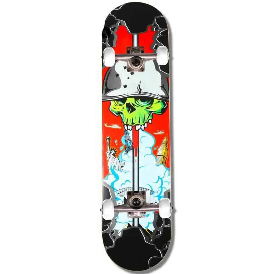 Introducing the Madd Gear MGP Gangsta Series Battlezone Complete Skateboard, featuring a striking design with a green skull wearing a helmet. This 7.75" x 31" double kicktail board is adorned with red and blue tones, along with illustrations of famous landmarks and clouds, making it an ideal choice for beginner skateboarders seeking style and excitement.