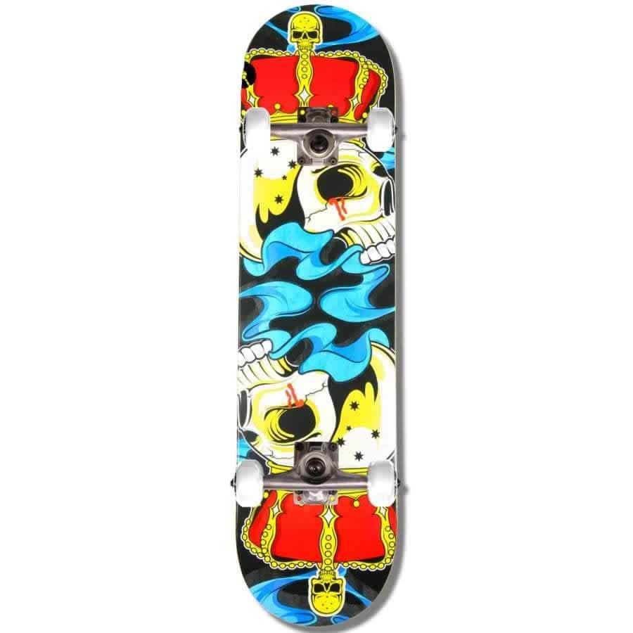 Discover the Madd Gear MGP Gangsta Series Crowned Complete Skateboard, measuring 7.75" x 31", which boasts a vibrant design of skulls, blue flames, and a red crown with gold accents on a white background. Ideal for beginner skateboard enthusiasts looking for both style and durability with its 7-ply maple deck.