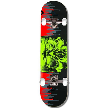 The Madd Gear MGP Gangsta Series Dripped Complete Skateboard, measuring 7.75" x 31", features a striking graphic design of a neon green skull with glasses on a black, red, and gray dripped background. This entry-level skateboard includes a durable maple deck with white wheels and silver trucks.