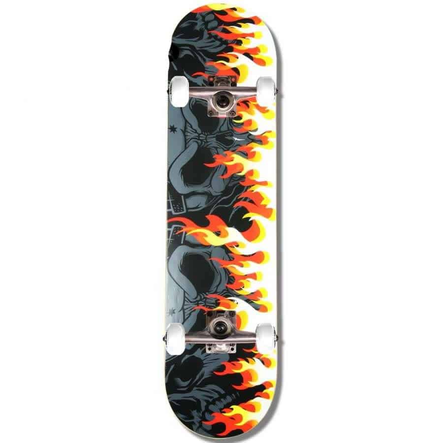 Introducing the Madd Gear MGP Gangsta Series On Fire Complete Skateboard, ideal for beginners. It boasts a captivating graphic design of a skeleton surrounded by vibrant yellow and orange flames on its grayish-blue deck, paired with white wheels and silver trucks.