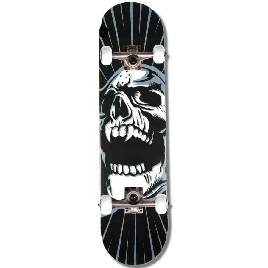 The Madd Gear (MGP) MGP Gangsta Series Scream Complete Skateboard - 7.75" x 31" features an eye-catching graphic of a roaring skull on the deck, set against a black background with white details. Ideal for beginner skateboarders, it comes with smooth white wheels and sleek silver trucks.