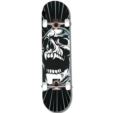 The Madd Gear (MGP) MGP Gangsta Series Scream Complete Skateboard - 7.75" x 31" features an eye-catching graphic of a roaring skull on the deck, set against a black background with white details. Ideal for beginner skateboarders, it comes with smooth white wheels and sleek silver trucks.