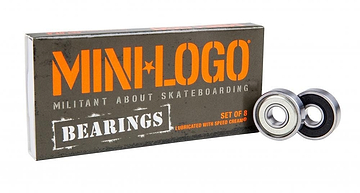 A package labeled "Mini Logo Precision Skateboard Bearings - 8 Pack" with the tagline "Militant About Skateboarding" is positioned beside two skateboard bearings, highlighting precision 608 bearings. The box includes the details "Lubricated with Speed Cream™.