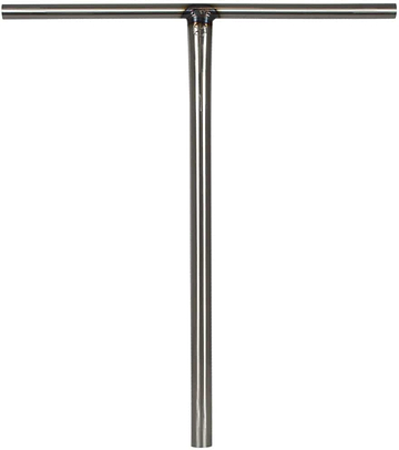 The Native Stem Steel Standard SCS Stunt Scooter Bars in raw finish, measuring 635mm x 560mm, are designed with a T-bar style made from durable heat-treated Chromoly. This makes them a popular choice for street scooter riders. These handlebars boast a long vertical post and a shorter horizontal grip at the top, with their symmetrical and polished surface beautifully reflecting light against a plain white background.