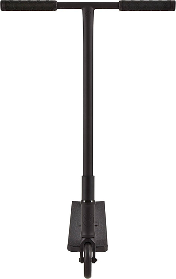 Front view of the Native Stem 495mm S Complete Stunt Scooter in black, featuring a T-shaped handlebar, rubber grips, and visible front wheel—ideal for beginners.