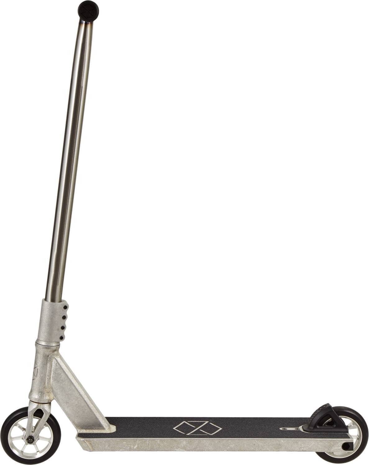 The Native Stem M 520mm Complete Stunt Scooter in Raw features a silver finish, black grip surface, two small metal wheels, an upright handlebar with a black grip, and a white geometric design—ideal for beginners.