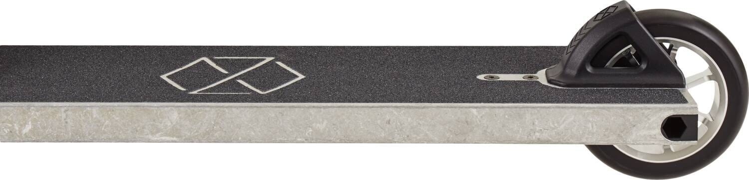 Close-up side view of the Native Stem L 560mm Complete Stunt Scooter by Native, featuring a textured black grip, geometric white logo, and a single black rear wheel with a metallic silver core.