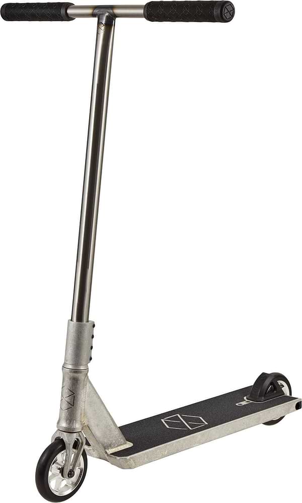 The Native Stem L 560mm Complete Stunt Scooter - Raw by Native features a silver frame, black handlebar grips, black grip tape deck, and two small wheels—a minimalist design perfect for beginners or street scooting.