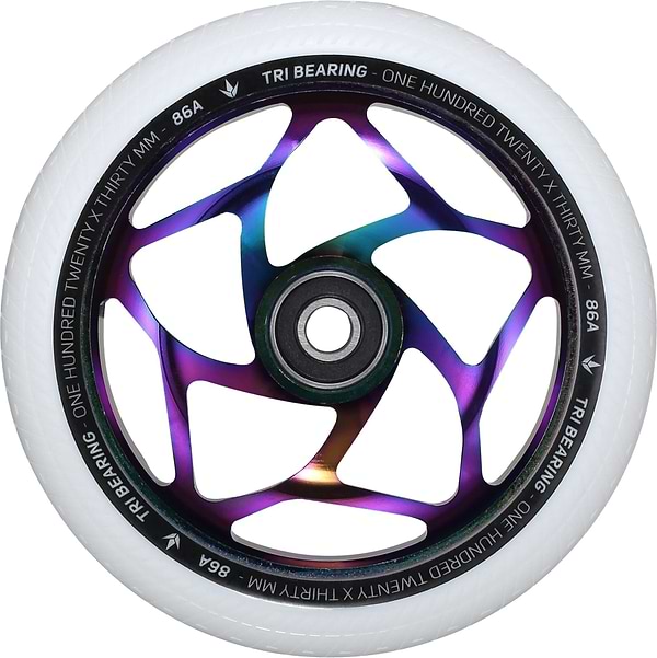 The Blunt Envy Tri-Bearing 120mm x 30mm Scooter Wheel in Neochrome and White features a metallic, iridescent hub with a star-like spoke pattern. It offers enhanced control thanks to its innovative Tri-Bearing design. With a white tire rated at 86A hardness and full specifications encircling the hub, this wheel is both stylish and functional.