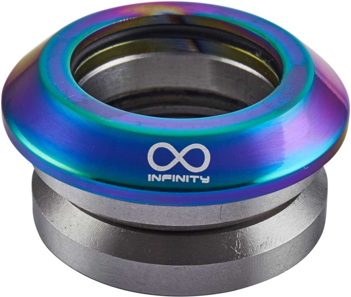 A Neochrome ring, crafted with a vibrant iridescent finish, sits atop a silver metallic base made from CNC milled aluminum. It features a white infinity symbol and the word "INFINITY," reflecting the precision found in Infinity's Integrated Stunt Scooter Headset.