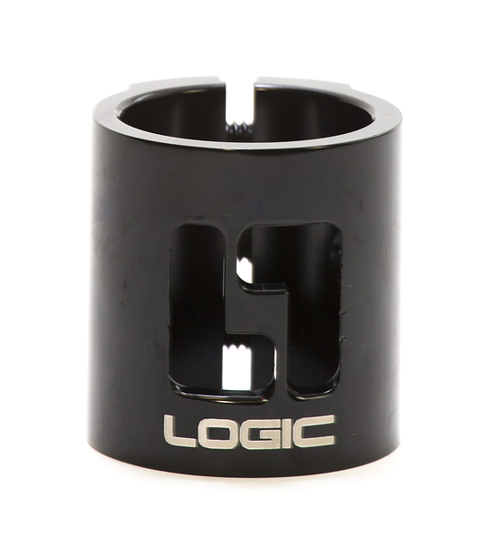 The Logic 3 Bolt Oversized Stunt Scooter Clamp, ideal for lightweight HIC setups, boasts a sleek black metal design with "LOGIC" elegantly engraved in silver. Its cut-out construction enhances its stylish look while delivering superior clamping power and a smooth, glossy finish.