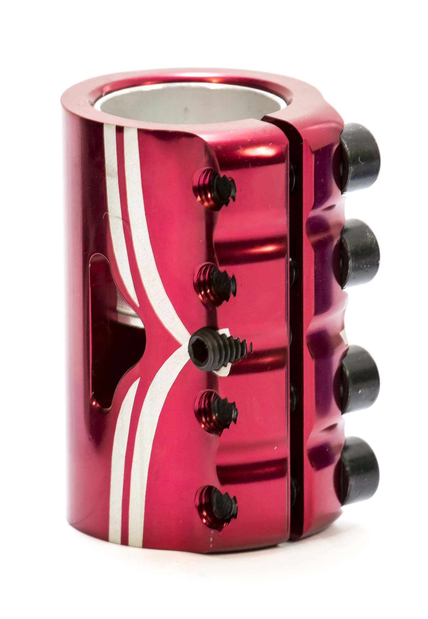 The Logic V2 4 Bolt Oversized SCS Stunt Scooter Clamp in red from Logic is a sleek metallic clamp featuring white stripes and multiple black bolts for secure attachment. Expertly crafted using CNC machining, it boasts curved edges and a small window cutout, providing both style and functionality in this lightweight design.