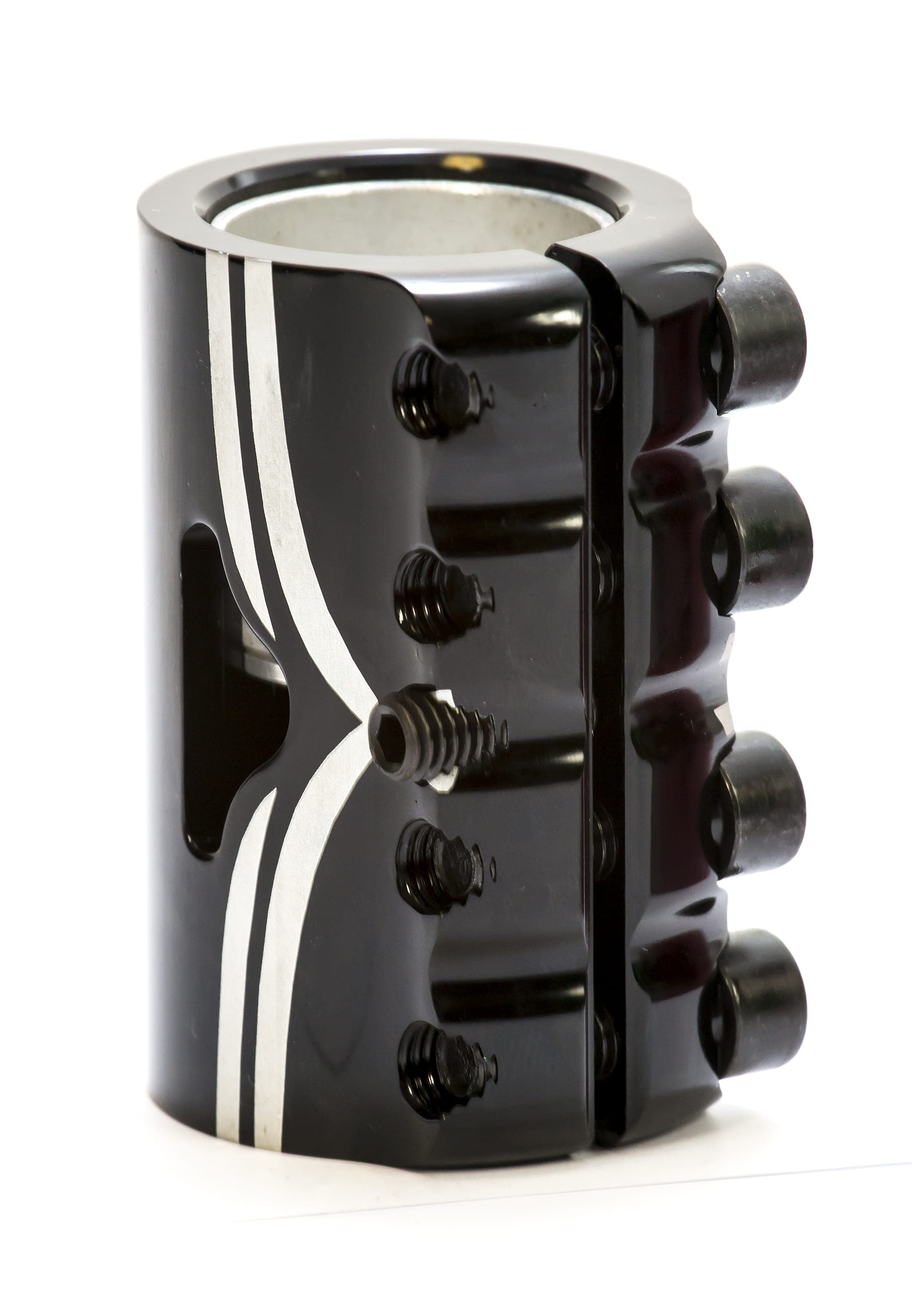 The Logic V2 4 Bolt Oversized SCS Stunt Scooter Clamp by Logic, crafted in black and silver from metal using CNC machining, showcases several screws for secure attachment. Its cylindrical design indicates it could be a sturdy clamp. With precisely engineered openings, this sleek component combines functionality with style.