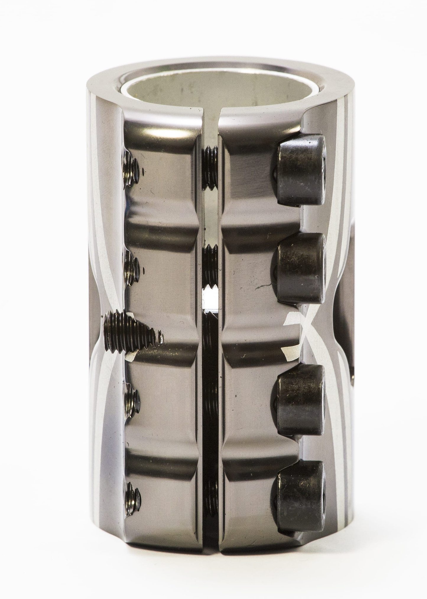 Close-up of the Logic V2 4 Bolt Oversized SCS Stunt Scooter Clamp - Polished by Logic, highlighting its CNC machining precision. This lightweight clamp boasts a cylindrical design with four bolt holes and a polished surface, split down the middle to reveal threads and screws, all set against a plain white background.