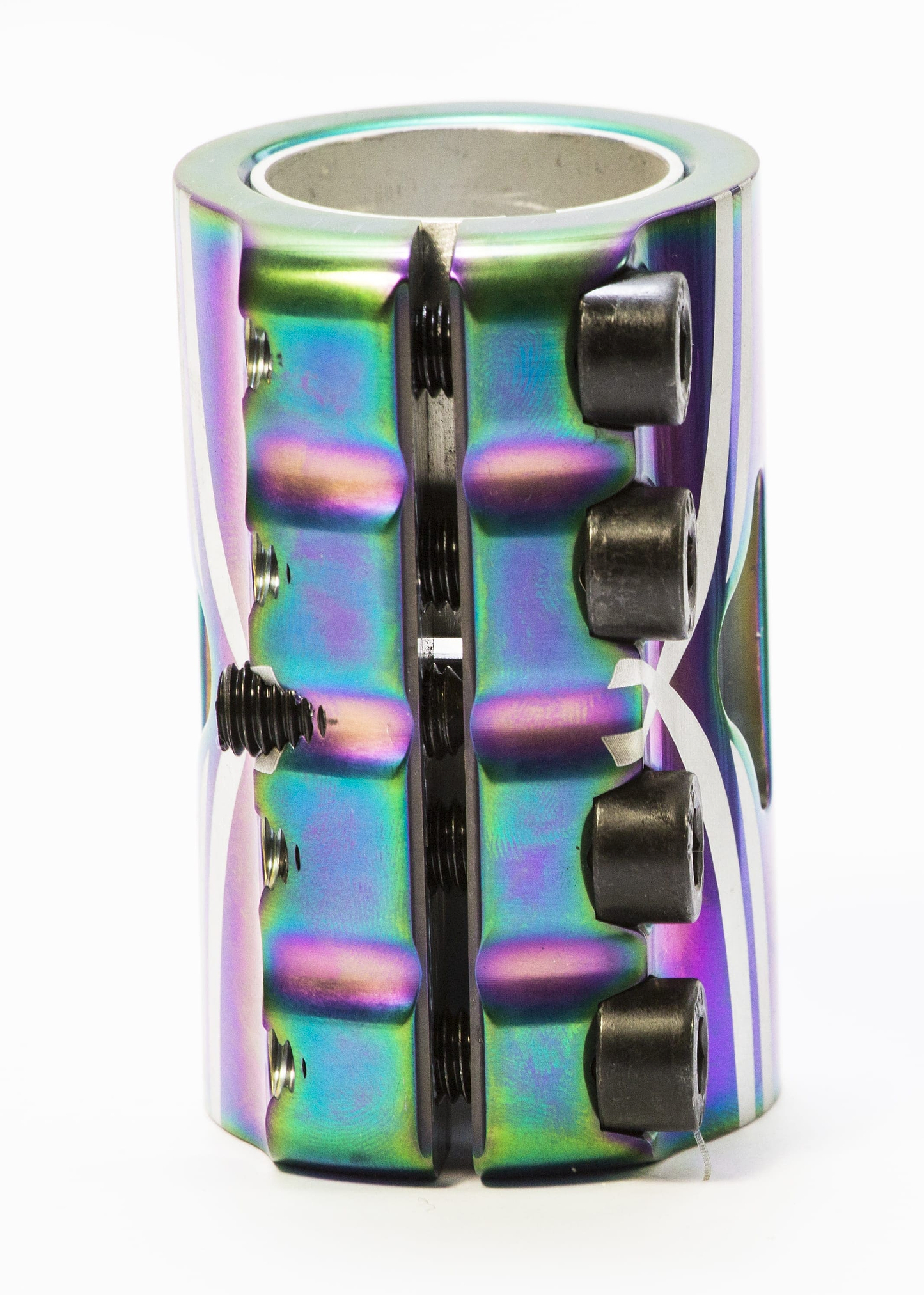 The Logic V2 4 Bolt Oversized SCS Stunt Scooter Clamp - Neochrome from Logic is a multicolored metal scooter clamp, designed with precision CNC machining and equipped with four sturdy black bolts. The reflective, iridescent finish features intricate, symmetrical patterns on a glossy surface, making it both lightweight and stylishly vibrant.