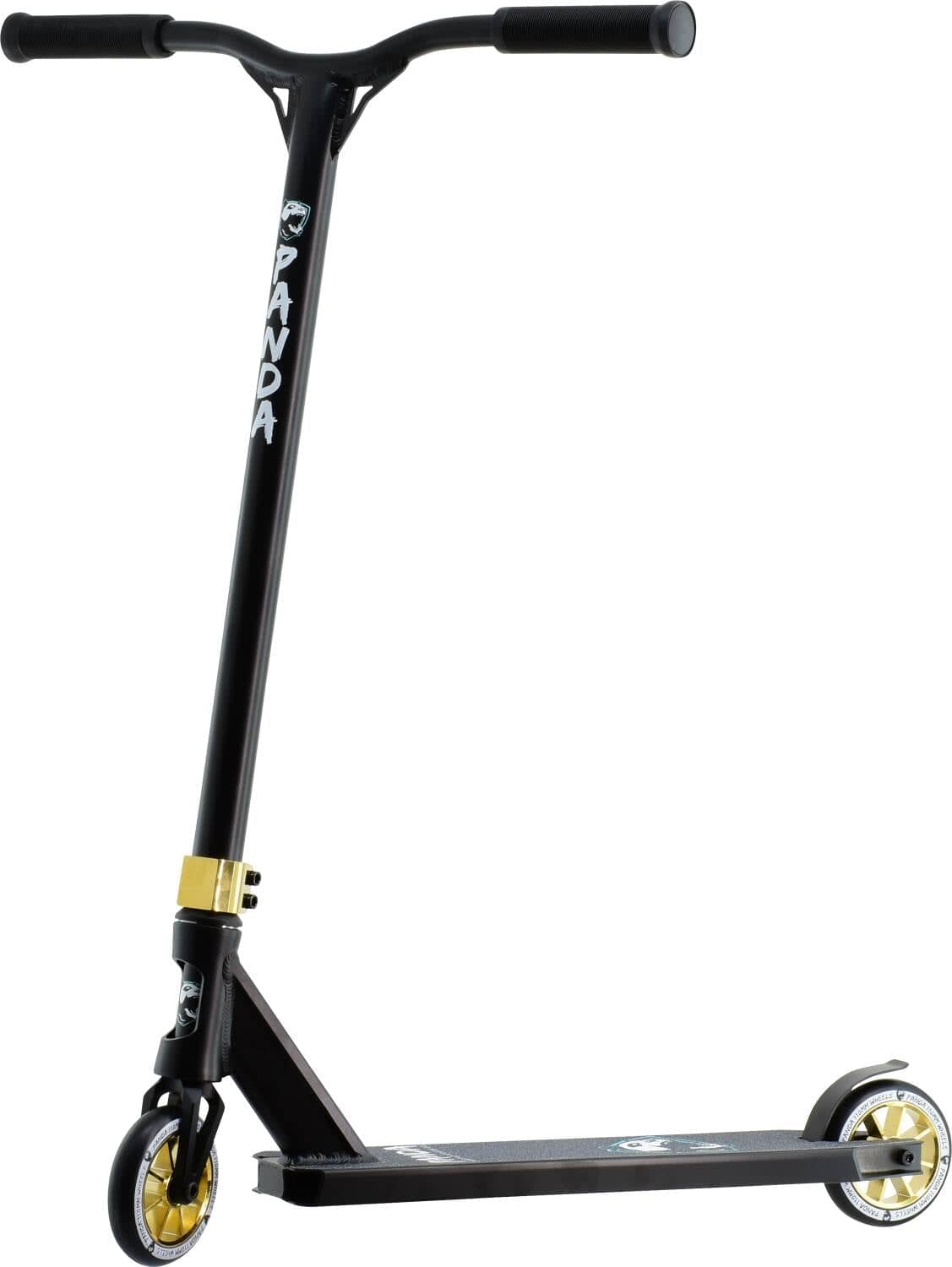 Introducing the Panda Primus Complete Stunt Scooter in Black and Gold. This sleek, durable scooter features gold-accented wheels and clamp, along with "PANDA" vertically printed on the T-shaped handlebars. Designed with a flat deck, it's lightweight yet strong, making it ideal for beginner riders aiming to master tricks.