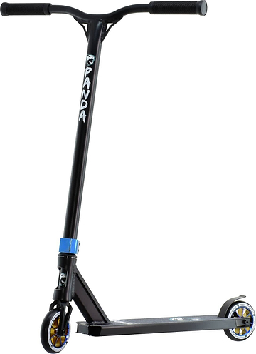 Introducing the Panda Primus Complete Stunt Scooter—a durable, lightweight option perfect for beginner riders. This sleek black model prominently features "Panda" on the handlebars, includes a blue clamp, and gold accents on the wheels. Its sturdy deck is expertly designed for tricks and stunts.