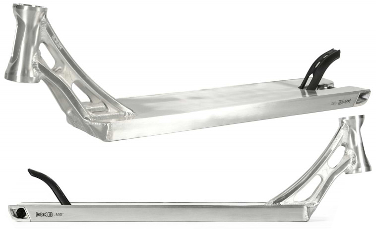 Two views of the Ethic DTC Vulcain Boxed 12 STD Raw Silver Stunt Scooter Deck, measuring 5.1" x 22", are shown. This scooter deck showcases a cutout and welded design that highlights its robust construction and sleek finish. It is compatible with the 12 STD bearing system for improved performance.