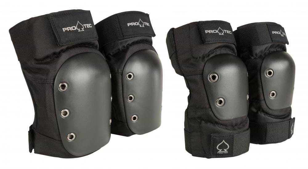 Introducing the Pro-Tec Street Knee / Elbow Skate Protection Pad Set - Black, a high-quality set of protective gear featuring hard shell caps and metal rivets. Ideal for skateboarding and rollerblading, these black pads offer excellent safety for your adventures. The sturdy straps are proudly embellished with the Pro-Tec logo, ensuring both durability and style.