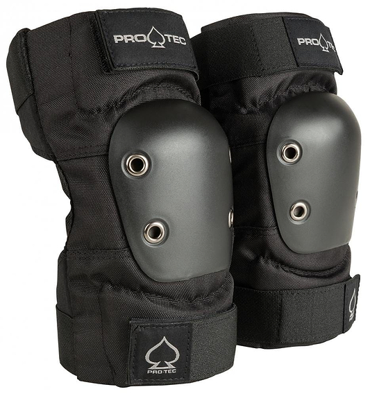A pair of black Pro-Tec elbow pads featuring an ergonomic design with hard protective shells and adjustable straps, perfect for skateboard protection.
