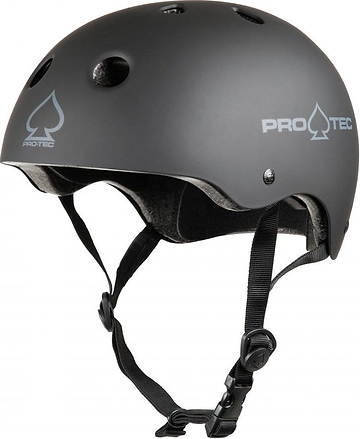The Pro-Tec Classic Certified Skate/Scooter Helmet in Matt Black boasts a high-impact absorbing ABS shell, equipped with ventilation holes and adjustable straps. The PROTEC logo on the side makes it an ideal choice for extreme sports enthusiasts.