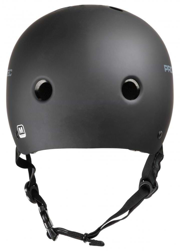 The Pro-Tec Classic Certified Skate/Scooter Helmet in matte black is equipped with a high-impact absorbing ABS shell, ventilation holes, and a chin strap. It showcases the "Pro-Tec" logo on the side and has a size "M" label on the back, making it ideal for extreme sports enthusiasts who prioritize both style and safety.