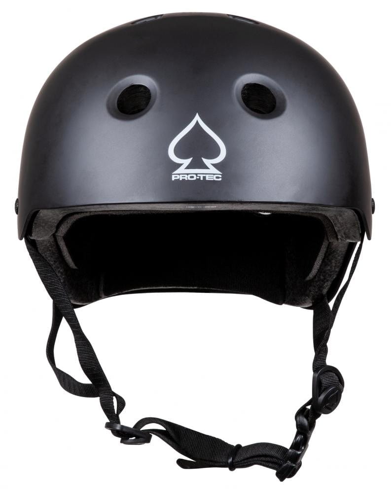 The Pro-Tec Prime Skate / Scooter Helmet - Black showcases the brand's distinctive logo on the front and includes two ventilation holes for improved airflow. It's designed with adjustable chin straps equipped with a buckle to ensure a secure fit, and it features an inner layer of EPS foam for superior protection.