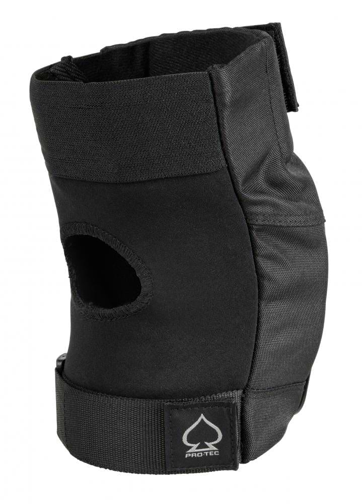 The Pro-Tec Street Knee Skate Protection Pads in black feature an ergonomic knee cup shape with a prominent front opening and adjustable straps, making them ideal for sports or outdoor activities. The Pro-Tec brand logo stands proudly at the bottom, providing reliable protection whether you're skating or cycling.