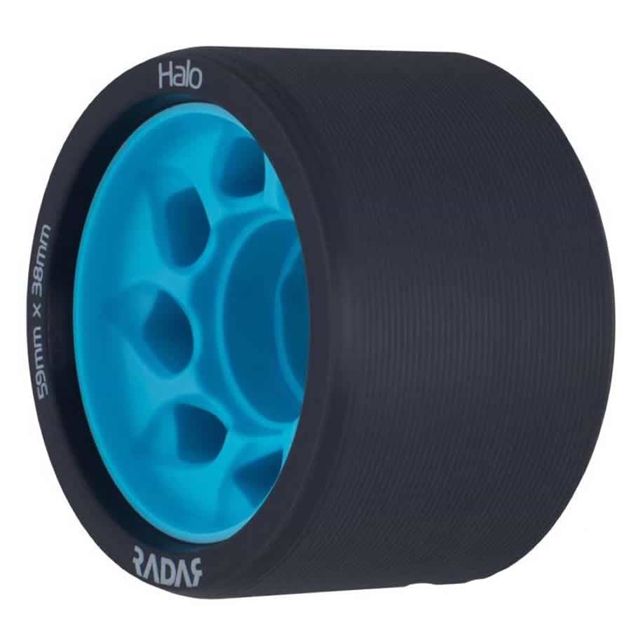Close-up of a charcoal Radar Halo 95A Roller Derby Wheel with a vivid blue core and an H-shaped hub. The wheel is branded "Radar" and its specifications "59mm x 38mm" are printed on the surface.