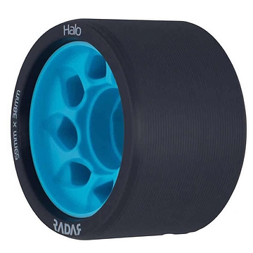 Close-up of a charcoal Radar Halo 95A Roller Derby Wheel with a vivid blue core and an H-shaped hub. The wheel is branded "Radar" and its specifications "59mm x 38mm" are printed on the surface.