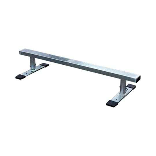 The Rampage Mini Skate Grind Rail - 90cm features a sleek silver finish with black end caps, supported by two flat bases, making it ideal for beginner skaters looking to practice their skateboarding tricks.