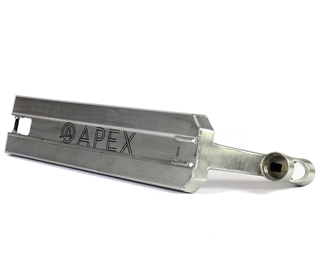 A metal component engraved with "APEX", similar to a part of the Apex Pro Raw Silver Boxed Stunt Scooter Deck measuring 5" x 20.1". It has a rectangular shape with an angled end and circular cutout, showcasing a brushed finish. Engineered for durability, it benefits from T6 heat treatment, highlighting its high quality.