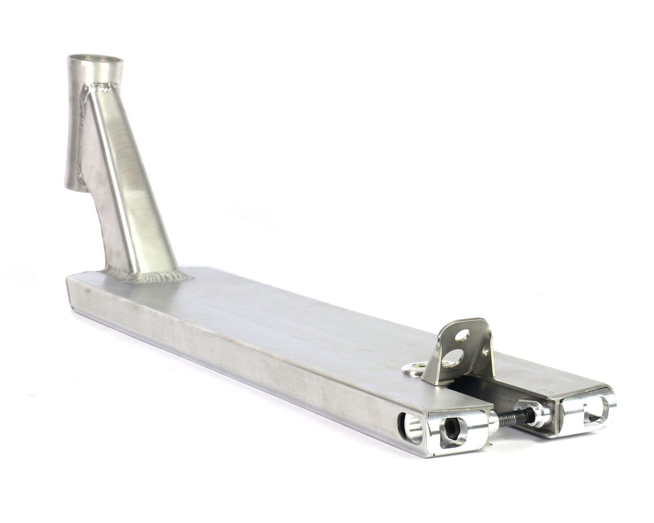 The Apex Pro Raw Silver Boxed Stunt Scooter Deck by Apex showcases a sleek, minimalist aesthetic. This robust deck measures 5" x 20.1" and features a rectangular base with a slightly inclined neck, along with two wheel attachment openings at the rear. It is crafted from polished stainless steel or aluminum and undergoes T6 heat treatment for enhanced durability.